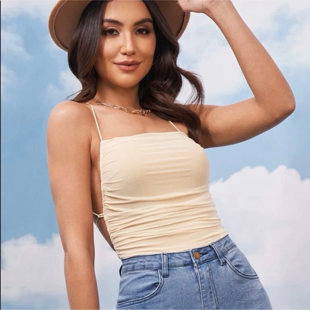 Cream Backless Ruched Halter Bodysuit - Picture 2 of 4